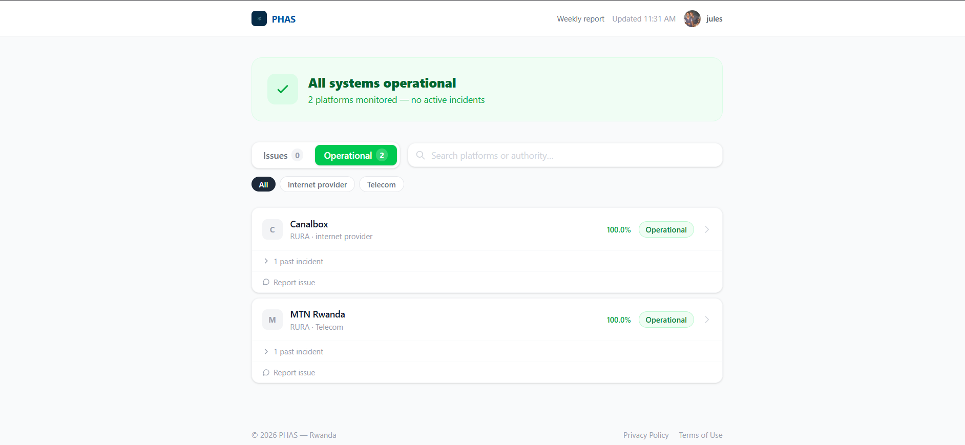 PHAS platform status dashboard